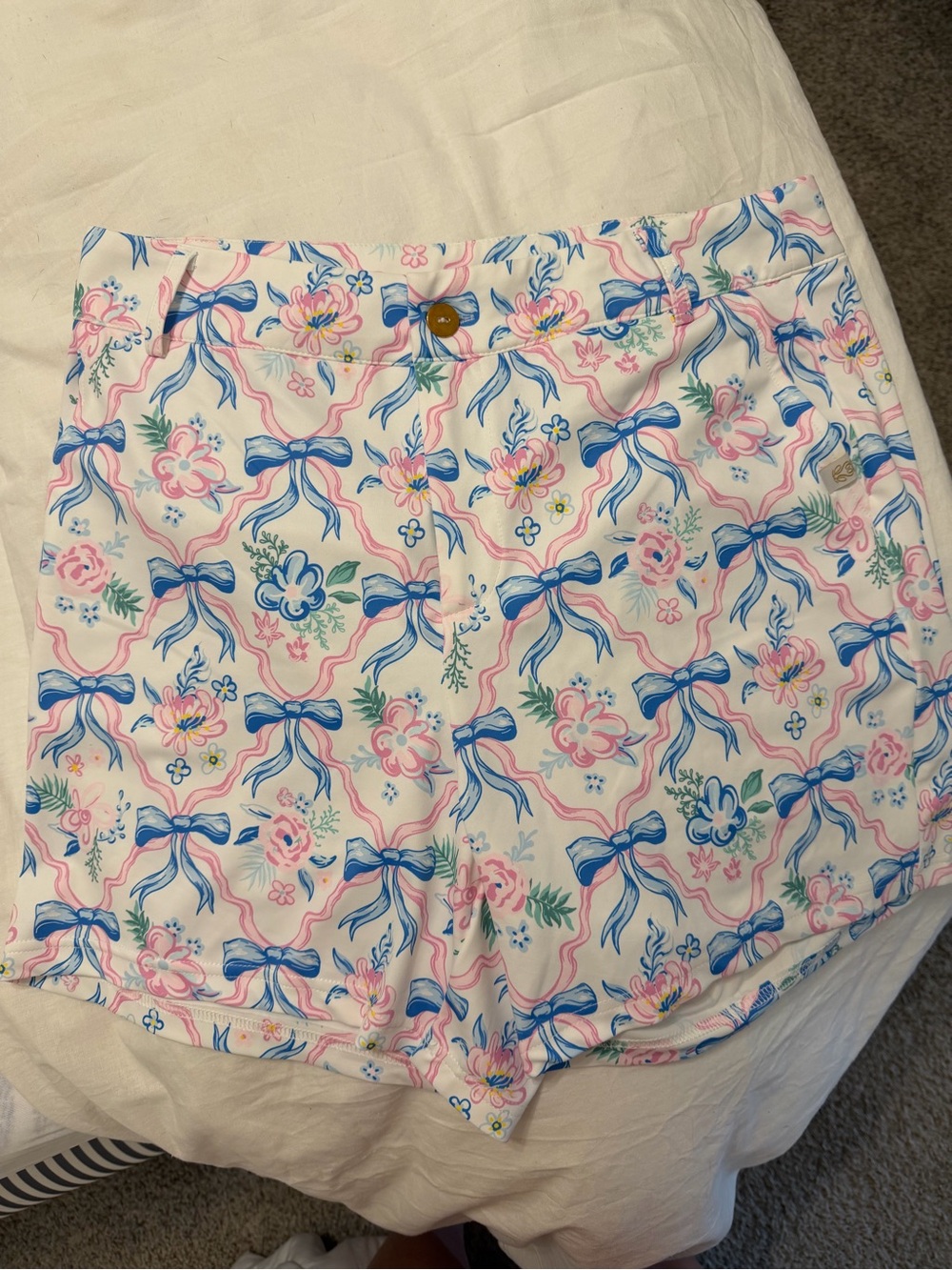 Simply Southern White High-Waist Floral & Bow Print Shorts - Pink & Blue